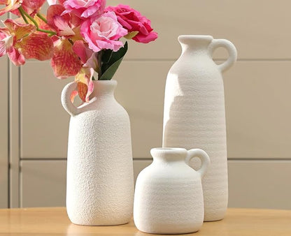 Ceramic Vase Set of 3 with Handle, White Modern Farmhouse Vases for Pampas Grass & Dried Flowers, Flower Vase for Table Living Room Home Decor