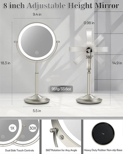 Makeup Mirror with Lights, 1X/30X Lighted Magnifying Mirror Height Adjustable, 3000mAh Rechargeable Double Sided Vanity Mirrors with 3 LED Lighting and Adjustable Brightness for Desk Women Gift