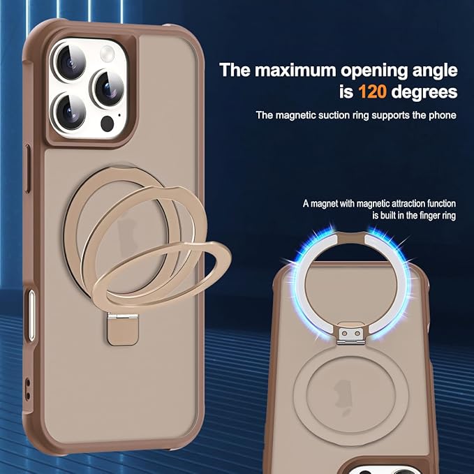 Compatible with iPhone 16 Pro Case with Invisible Magnetic O-Ring Stand Military-Grade Translucent Case for iPhone 16 Pro 6.3" [Compatible with Mag-Safe][Great Grip Feeling],Desert Brown