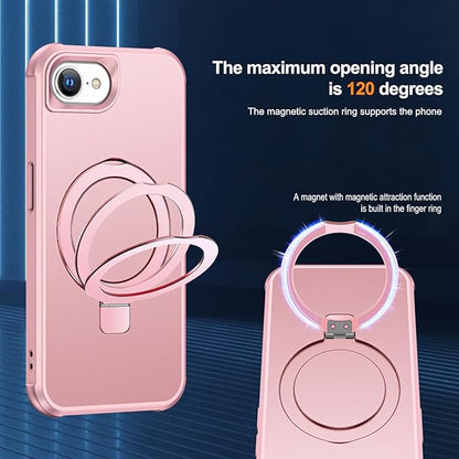 Compatible with iPhone 16E Case with Invisible Magnetic O-Ring Stand Military-Grade Case for iPhone 16E 6.1" 2025 [Compatible with Mag-Safe][Great Grip Feeling], Rose Gold