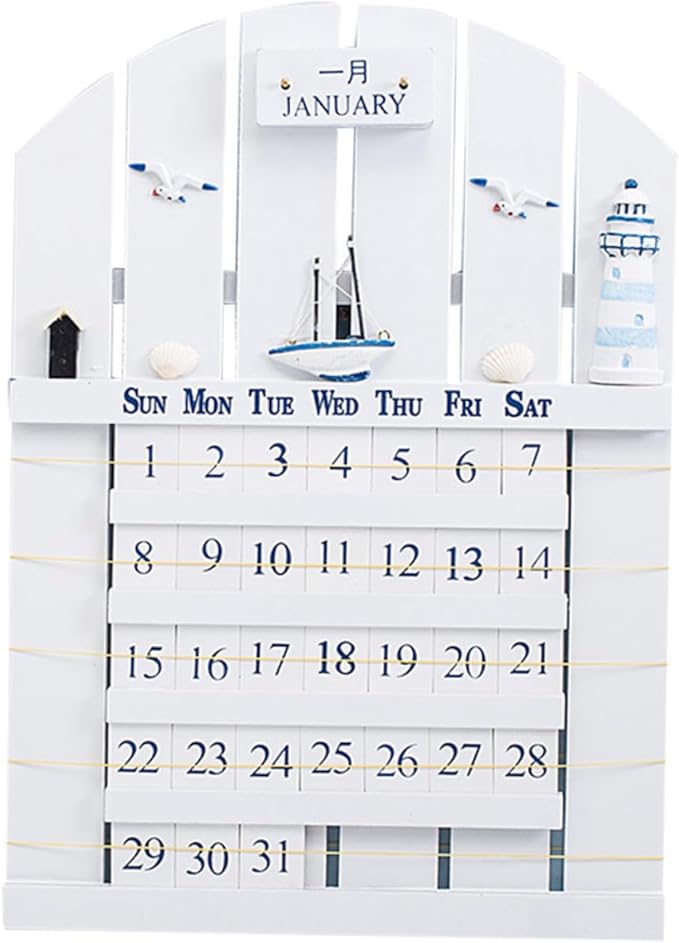 Wall Mounted Wooden Perpetual Calendar in Mediterranean Style, Material Removable Blocks, Home Decor for Office, School, Shop, White