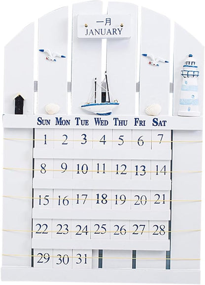 Wall Mounted Wooden Perpetual Calendar in Mediterranean Style, Material Removable Blocks, Home Decor for Office, School, Shop, White