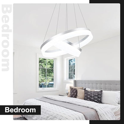 Buccleuch 2-Ring Modern LED Chandelier - Dimmable Silver Round Pendant Light, Height Adjustable ETL-Certified Ceiling Light for Dining Room, Kitchen Island, Living Room, Bedroom, Foyer