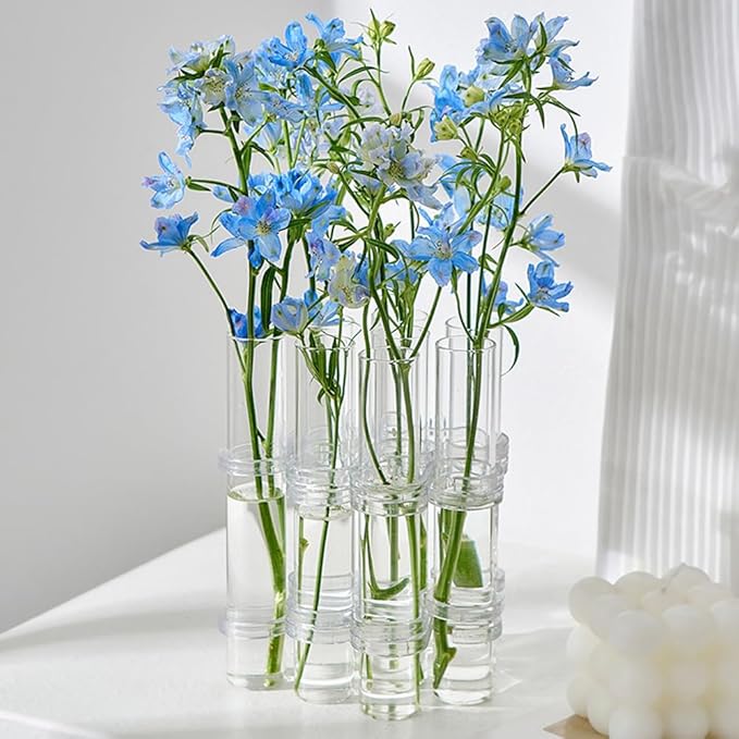 8PCS Test Tube Vases Decorative Glass Flower Vase Hinged Flower Vases Planter Flower Arranging Container Hydroponic Flower Holder Decor with 15PCS Hooks and 2PCS Brushes (VASES- A)
