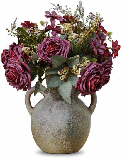 Retro-Style vase, Artificial Faux Flower Bouquet for Home Decor Indoor Fake Bouquet Faux Floral Arrangements Dining Table Centerpieces for Kitchen(Terracotta)