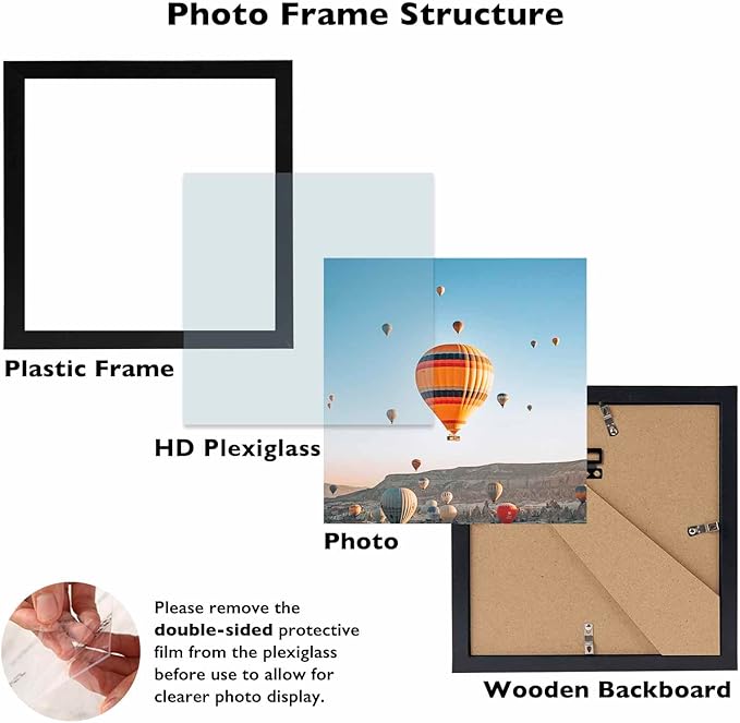 8x8 Picture Frame Set of 2 Black for Wall Hanging or Tabletop, Wall Mounting Horizontally or Vertically, 8 x 8 Square Wall Gallery Poster Photo Frame with Shatter Resistant Plexiglass, 2 Pack, Black