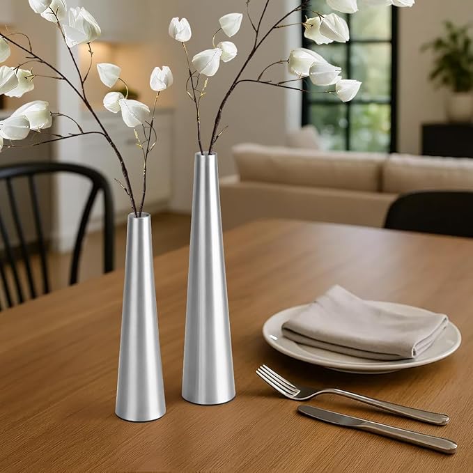Vixdonos 10.5/8.5 inch Gold Metal Vase Small Dried Flower Vase Set of 2 Taper Vase for Wedding Table Centerpiece Decorations, Home Decor (Silver)