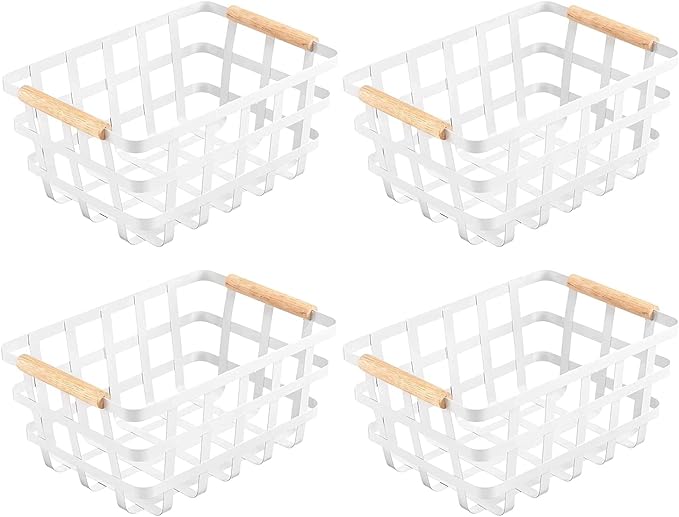 Farmhouse Baskets,Wire Metal Baskets Bin,Wire Food Organizer Storage Basket,Fruit Bin with Wood Handles for Pantry Cabinets Rustic Kitchen Counter Closet