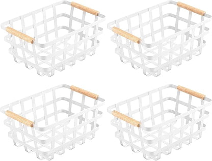 Farmhouse Baskets,Wire Metal Baskets Bin,Wire Food Organizer Storage Basket,Fruit Bin with Wood Handles for Pantry Cabinets Rustic Kitchen Counter Closet