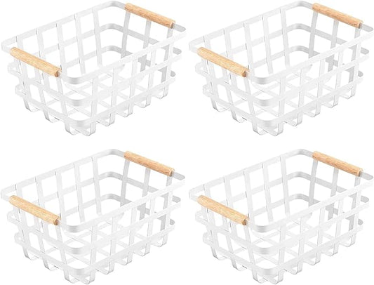 Farmhouse Baskets,Wire Metal Baskets Bin,Wire Food Organizer Storage Basket,Fruit Bin with Wood Handles for Pantry Cabinets Rustic Kitchen Counter Closet