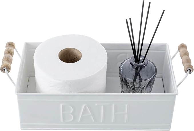 MyGift Vintage Bronze Metal Rectangular Storage Basket with Wooden Handles, Bathroom Toiletries Holder, Organizer Bin with Embossed Bath Label - Handcrafted in India (White)