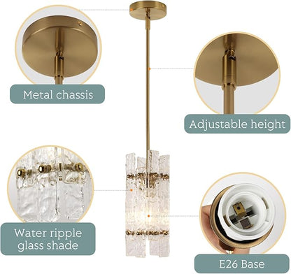 Modern Gold Crystal Pendant Light for Kitchen Island, Luxury Mini Water Ripple Glass Chandelier Lights Fixture, E26 Square Adjustable Hanging Pendant Lighting for Dining Room Bedroom (1-Pack)