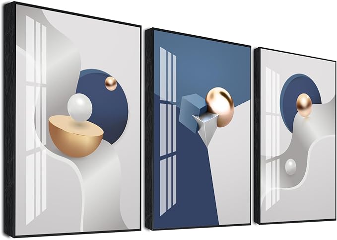 QKF Large Frame Canvas Wall Art Glossy Blue Geometry Modern Living Room, Bedroom, Office Fashion Wall Decoration 3-piece Set of Poster Prints 24 "X 32"