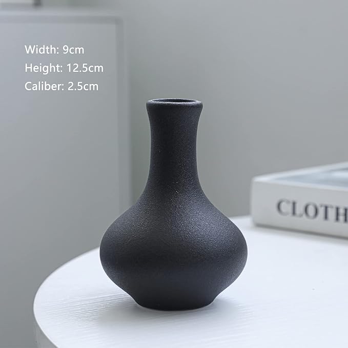 Black Ceramic Vase Set of 5 - Small Bud Vases for Flowers, Mini Decorative Vases for Rustic Weddings & Home Decor | Assorted Floral Arrangement Centerpieces for Table, Cabinet, Living Room & Entryway