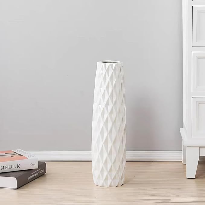 12Inch Tall Ceramic White Flower Vases,Home Decor White Vase for Pampas Grass,Modern Textured Vases for Living Room Decorations,Table Centerpieces,Shelf,Farmhouse Small Ceramic Vase