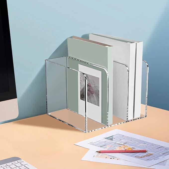 Clear Acrylic File Organizer, 3-Compartment Acrylic Magazine Holder, Desktop Book Holder Rack, Vertical Document Organizer, Ideal for Office Desk, Home, Classroom