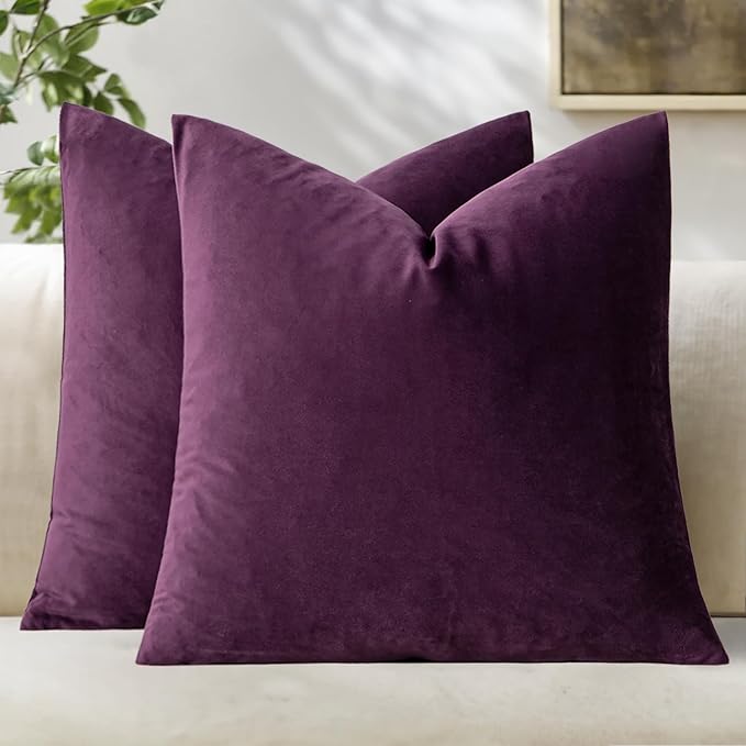 MIULEE Velvet Throw Pillow Covers 24x24 Inch, Pack of 2 - Eggplant Purple,Super Soft Decorative Square Euro Cushion Cases Modern Luxury Home Decor for Bed,Bedroom, Sofa,Couch