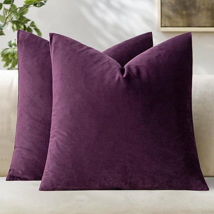 MIULEE Velvet Throw Pillow Covers 24x24 Inch, Pack of 2 - Eggplant Purple,Super Soft Decorative Square Euro Cushion Cases Modern Luxury Home Decor for Bed,Bedroom, Sofa,Couch