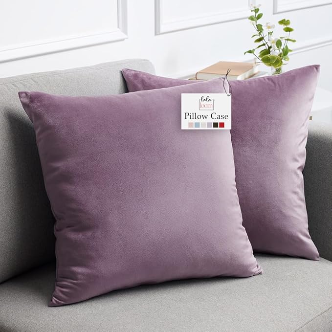 lalaLOOM Velvet Throw Pillow Covers, Set of 2, 18x18 Decorative Square Pillows Home Decor, Soft Accent Cases, Silky Machine Washable Pillowcases for Sofa, Couch, Bedroom, Living Room, Plum Purple