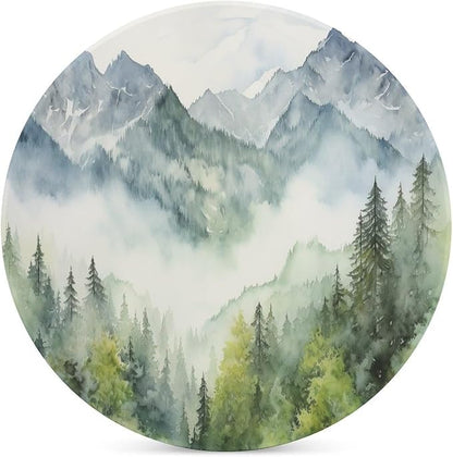 Round-6PCS Forest Ceramic Coasters, Round Absorbent Drink Coasters, Watercolor Style Nature Woodland Green Forest Mountain Plant Ceramic Table Coasters for Coffee, Beverage, Wine, Beer Coasters