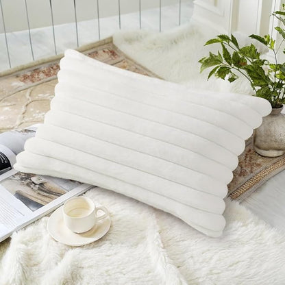 decorUhome Faux Fur Spring Throw Pillow Covers 12x20 Set of 2, Decorative Soft Plush Striped Lumbar Neutral Couch Pillow Covers with Velvet Back for Sofa, Bed, Living Room Home, White