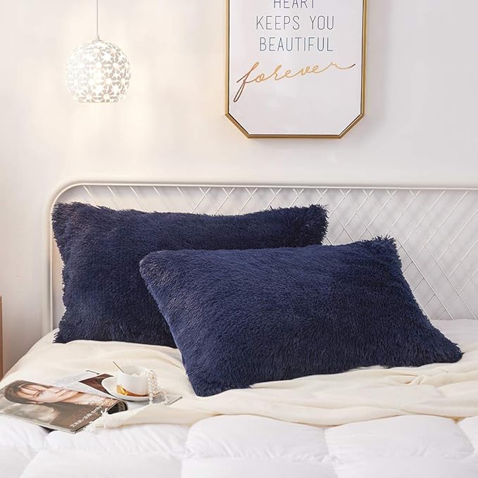 Uhamho Set of 2 Standard Pillowcases Faux Fur Throw Pillow Covers Shams Soft Velvet Decorative Zipper Closure (Navy, 20"x26")