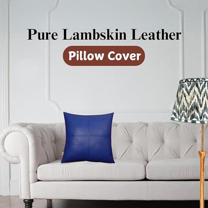 Lambskin Leather Pillow Cover, Hand Panel Stitched Leather Decorative Throw Pillow Covers for Couch Sofa Bed Living Room Garden (18x18 Inches, Deep Blue Pack of 1)