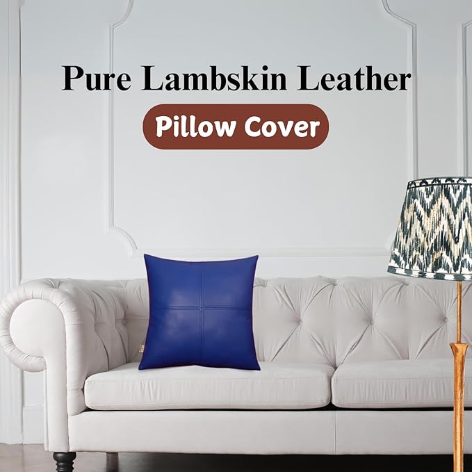 Lambskin Leather Pillow Cover, Hand Panel Stitched Leather Decorative Throw Pillow Covers for Couch Sofa Bed Living Room Garden (16x16 Inches, Deep Blue Pack of 2)