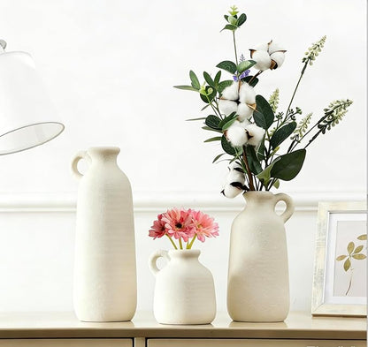 Ceramic Vase Set of 3 with Handle, White Modern Farmhouse Vases for Pampas Grass & Dried Flowers, Flower Vase for Table Living Room Home Decor