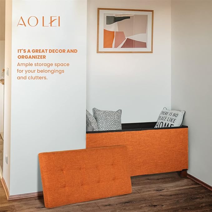 30 Inches Storage Ottoman Bench, Storage Bench with Wooden Legs for Living Room Ottoman Foot Rest Removeable Lid for Bedroom End of Bed, Linen Fabric, Orange