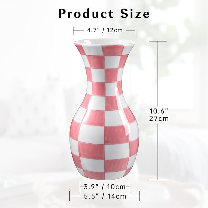 Pink and White Ceramic Vase, 11" Tall Pink Checkered Vase in Wide Mouth, Large Decorative Flower Vases for Decor Living Room, Table Centerpiece, Dining Room, Entryways, Wedding Decor, Porcelain Vase