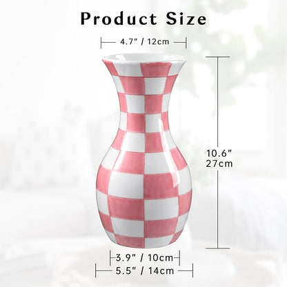 Pink and White Ceramic Vase, 11" Tall Pink Checkered Vase in Wide Mouth, Large Decorative Flower Vases for Decor Living Room, Table Centerpiece, Dining Room, Entryways, Wedding Decor, Porcelain Vase