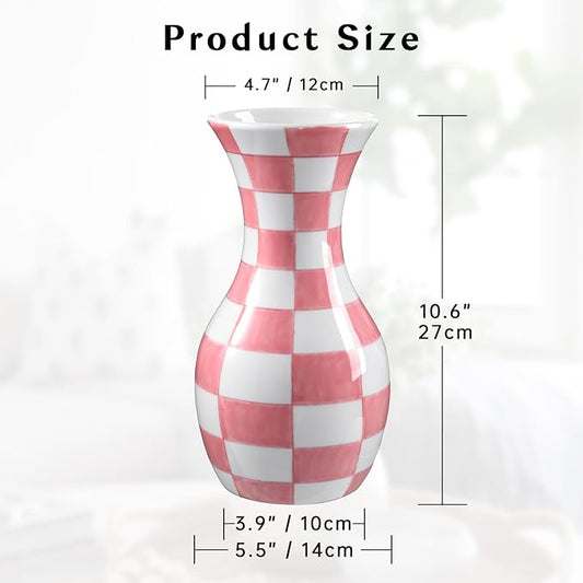 Pink and White Ceramic Vase, 11" Tall Pink Checkered Vase in Wide Mouth, Large Decorative Flower Vases for Decor Living Room, Table Centerpiece, Dining Room, Entryways, Wedding Decor, Porcelain Vase