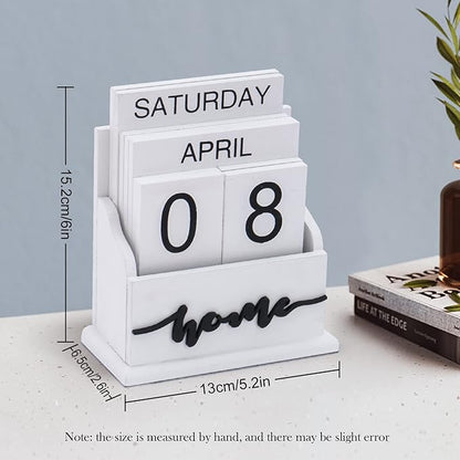 Notakia Perpetual Calendar Wooden Calendar Blocks Vintage Wood Block Calendar for Home Office Desk Accessories Week Month Date Display (White Home Calendar)