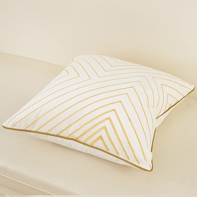 Avigers 20 x 20 Inch White Gold Striped Geometric Lines Embroidery Velvet Cushion Case Luxury Modern Throw Pillow Cover Decorative Pillow for Couch Living Room Bedroom Car 50 x 50cm