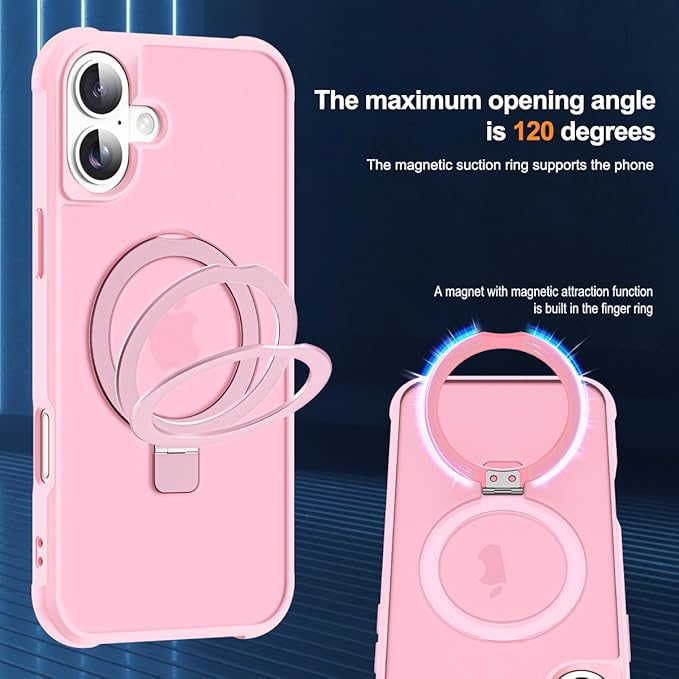 Compatible with iPhone 16 Case with Invisible Magnetic O-Ring Stand Military-Grade Translucent Case for iPhone 16 6.1" [Compatible with Mag-Safe][Great Grip Feeling], Pink
