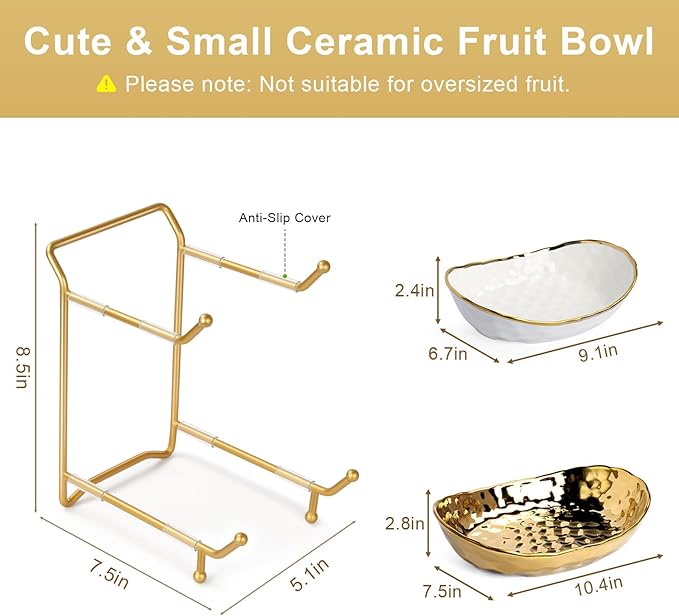 Ceramic Fruit Bowl for Kitchen Counter - 2 Tier Fruit Bowls with Metal Stand, Tiered Fruit Basket Stand for Countertop, Snack, Nuts, Cake, Dessert, Small & Cute (Gold)
