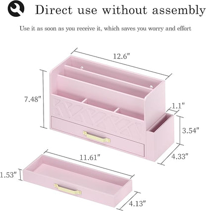 Wisuse Bamboo Desk Mail Organizer with Drawer,Wooden File Bill Sorter Storage Box for Desktop, Letter Countertop Holder for Home,Office,School Organization,Tabletop Accessories Supplies (Pink)