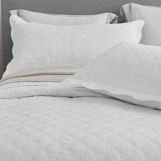 CHIXIN Cotton Bedspread Full Size - Real Stitching - Luxury Quilted Bedding Cover for All Season, Reversible, Ultra Soft, Lightweight, 3 Piece, Pure White