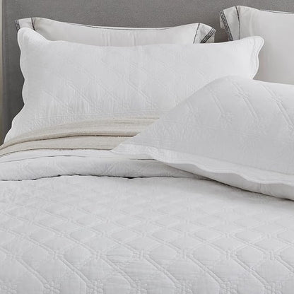 CHIXIN Cotton Bedspread Full Size - Real Stitching - Luxury Quilted Bedding Cover for All Season, Reversible, Ultra Soft, Lightweight, 3 Piece, Pure White