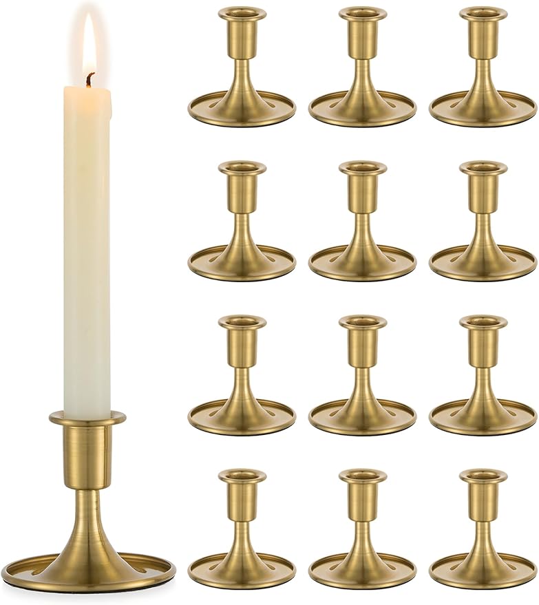 Romadedi Gold Candlestick Candle Holders - Brass Taper Holders Candle Stick for Wedding Table Centerpiece Festive Christmas Mantel Decoration Home Decor, Set of 12