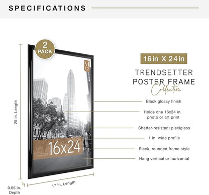 MCS Trendsetter 16x24 Poster Frame Black High-Gloss, Vertical & Horizontal Wall Hanging Large Picture Frame for Photos, Posters & Art Prints (2-Pack)