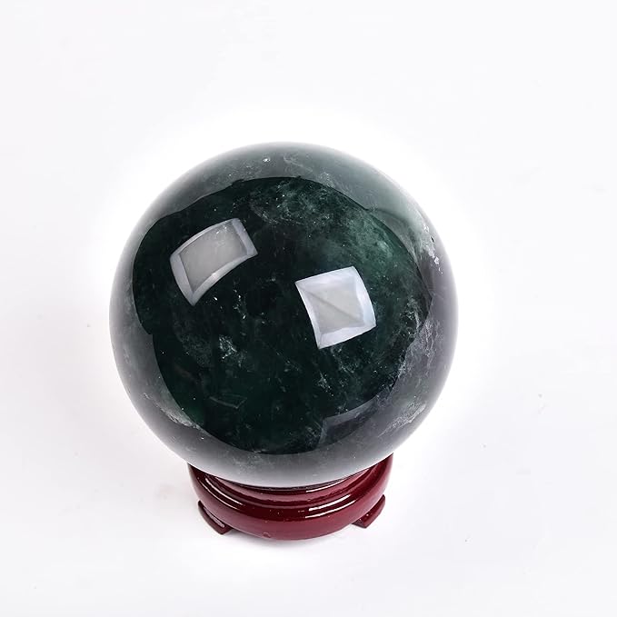 JIC Gem Large Healing Crystal Ball, Green Fluorite Crystal Sphere with Stand Crystal Decorative Ball Home Decoration (100-110mm)