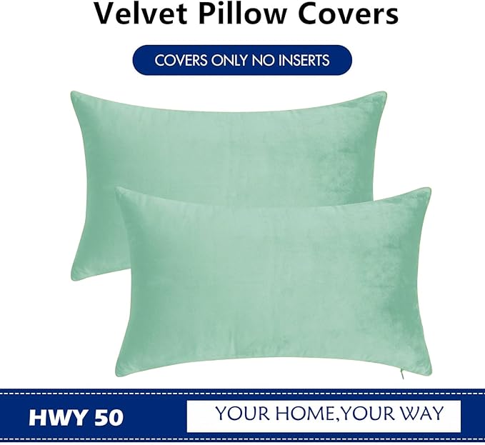 HWY 50 Aqua Green Velvet Rectangular Throw Pillow Covers 12x20 Inch, Pack of 2 Soft Cozy Solid Decorative Luxury Cushion Cases for Couch Sofa Bed Living Room Bedroom