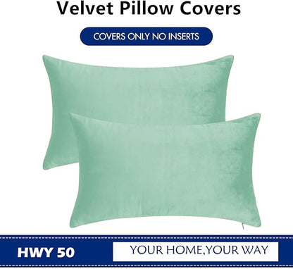HWY 50 Aqua Green Velvet Rectangular Throw Pillow Covers 12x20 Inch, Pack of 2 Soft Cozy Solid Decorative Luxury Cushion Cases for Couch Sofa Bed Living Room Bedroom