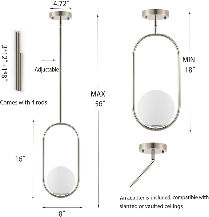 Modern Globe Pendant Light Brushed Nickel Chandelier 1-Light Mid Century Ceiling Hanging Lighting Fixture White Globe Glass Shades for Kitchen Island Dining Room Bedroom (2 Pack)
