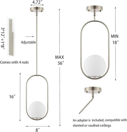 Modern Globe Pendant Light Brushed Nickel Chandelier 1-Light Mid Century Ceiling Hanging Lighting Fixture White Globe Glass Shades for Kitchen Island Dining Room Bedroom (2 Pack)