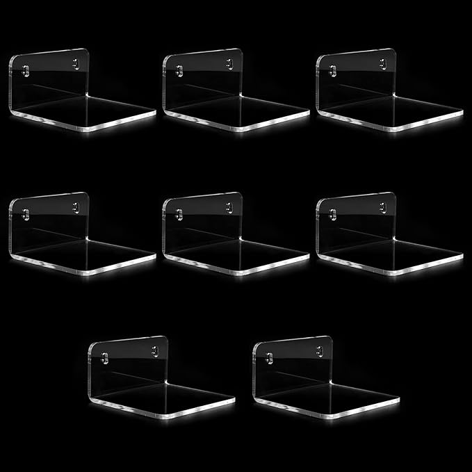 Acrylic Small Shelf,Mini Floating Wall Shelf,Wall Mounted Storage Shelf,for Pop Figures,Plant,Picture Photo Modern Wall for Office Bedroom Living Room,Clear (8 Pack)