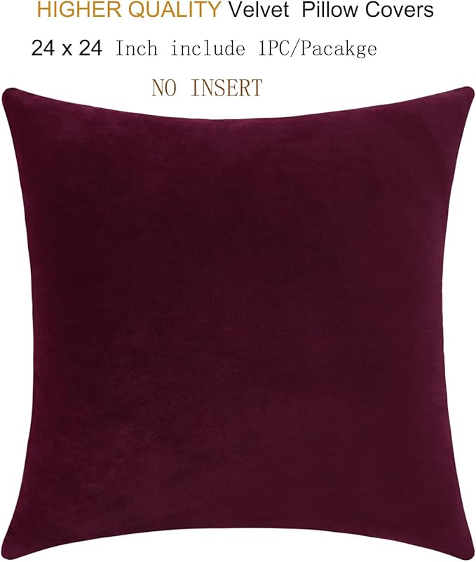 mixeoo Comfy Burgundy Red Throw Pillow Covers Decorative Square Solid Thick Velvet Super Soft Cushion Cases Home Decor for Sofa Couch Living Room Chair, Set of 1, 24 x 24 Inch