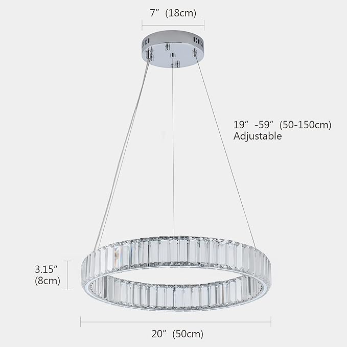 Modern Crystal Chandeliers Dimmable LED 20inch Ring Chandelier with Remote, Round Crystal Pendant Light for Kitchen Dining Room Living Room Bedroom